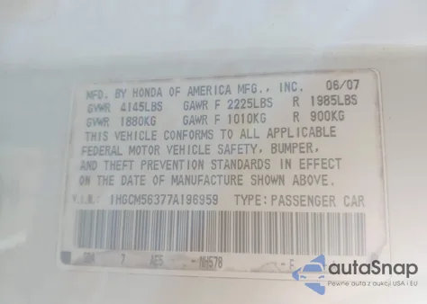 2007 Honda Accord 2.4 Se z USA, uszkodzony, nr VIN 1HGCM56377A196959